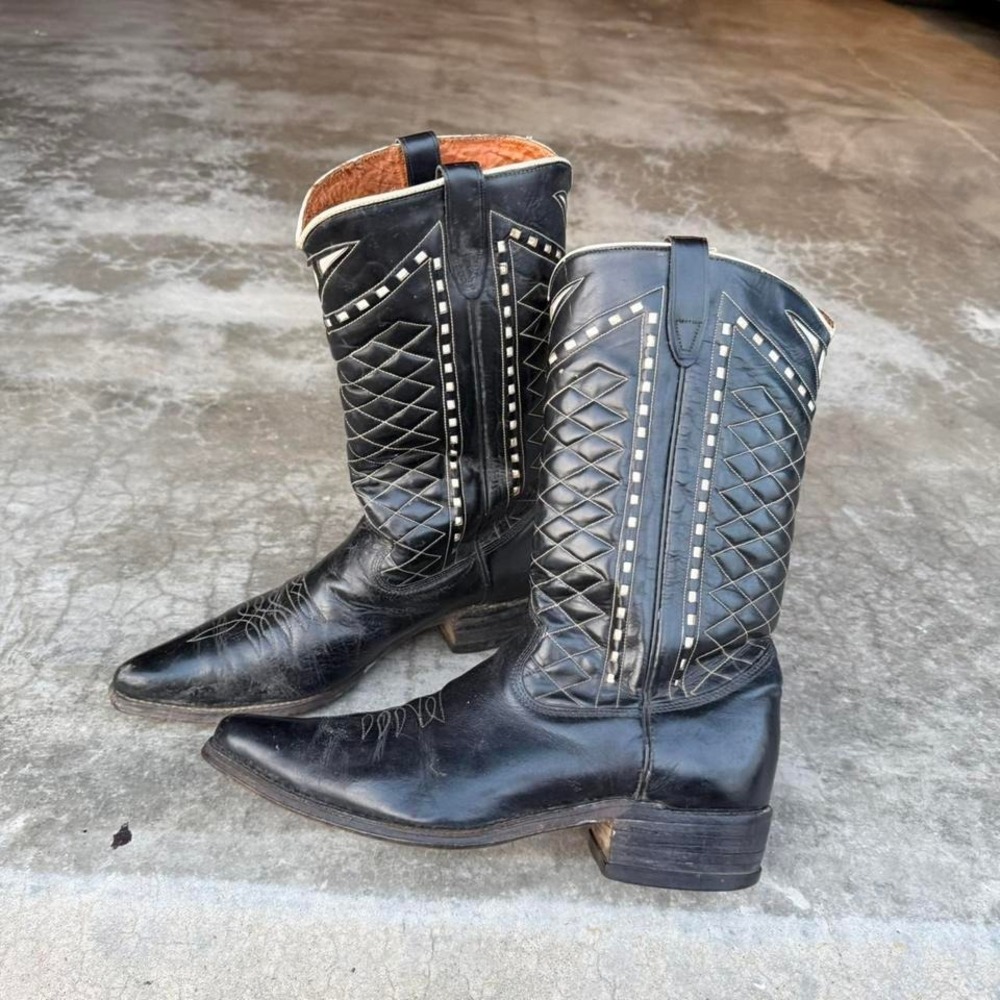 True vintage ACME black leather diamond stitch inlay western cowboy boots - Picture 5 of 8